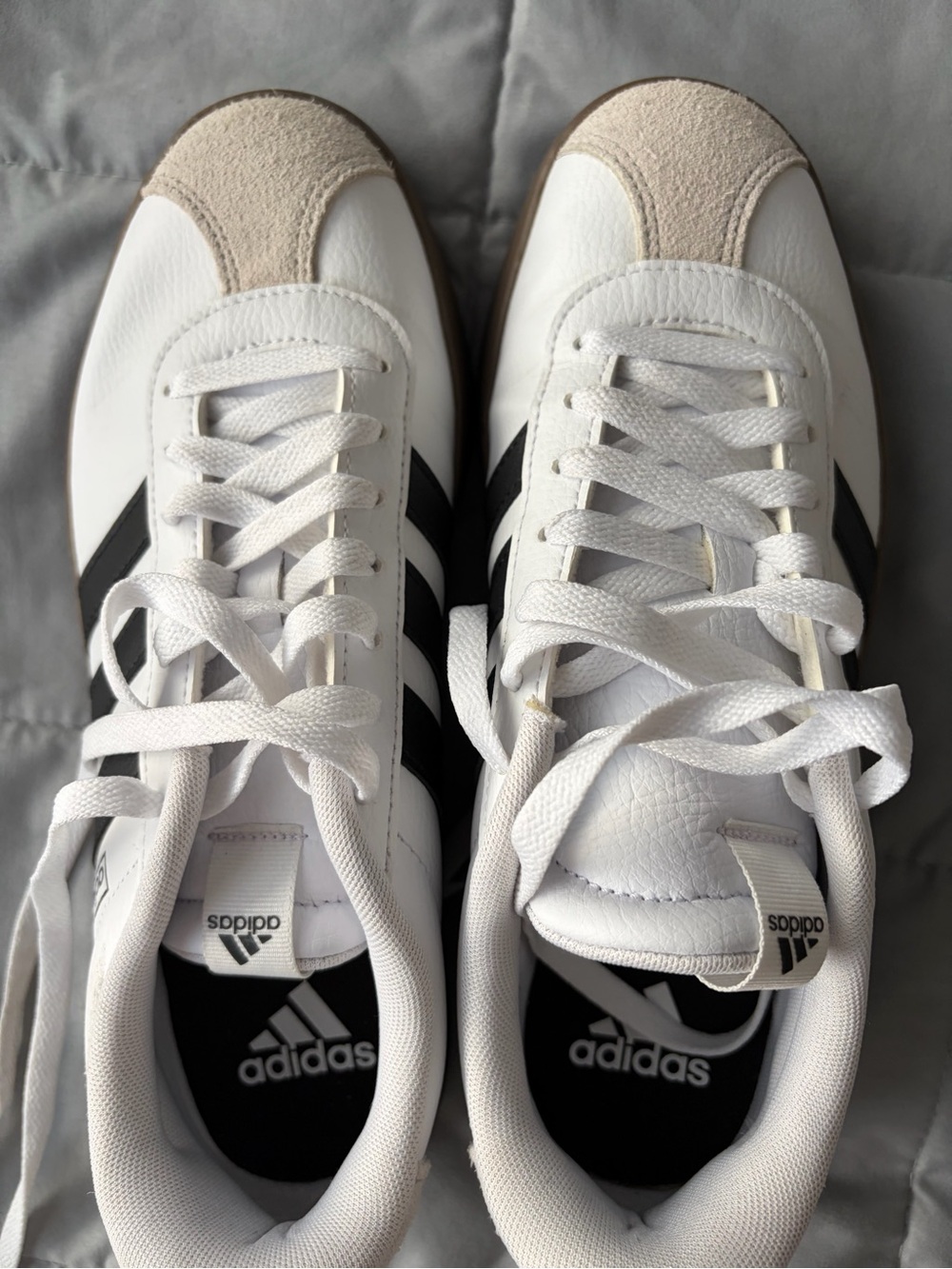 adidas White Sneakers with Black Stripes and Tan Suede Toe